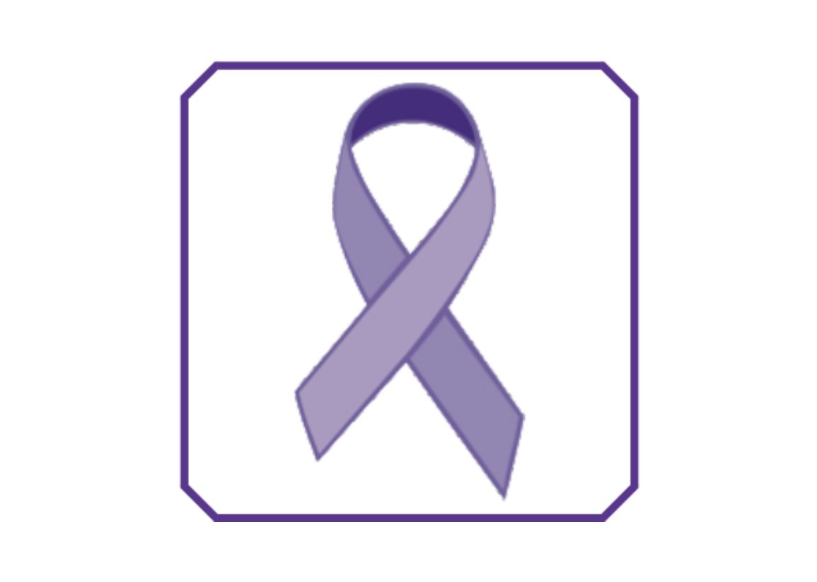 Purple awareness ribbon inside a thin purple octagonal border on a white background