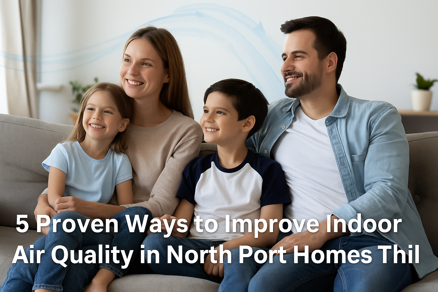 family sitting on sofa with indoor air quality being discussed