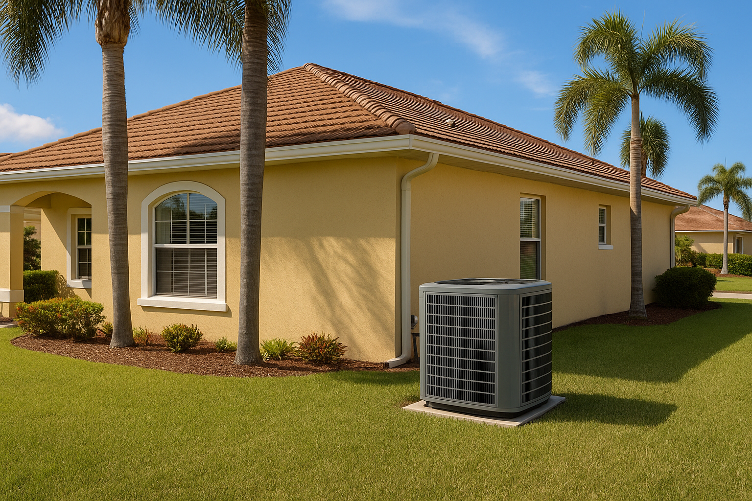 A sunlit Sarasota County home with palm trees and a well-kept yard, featuring a modern outdoor HVAC 