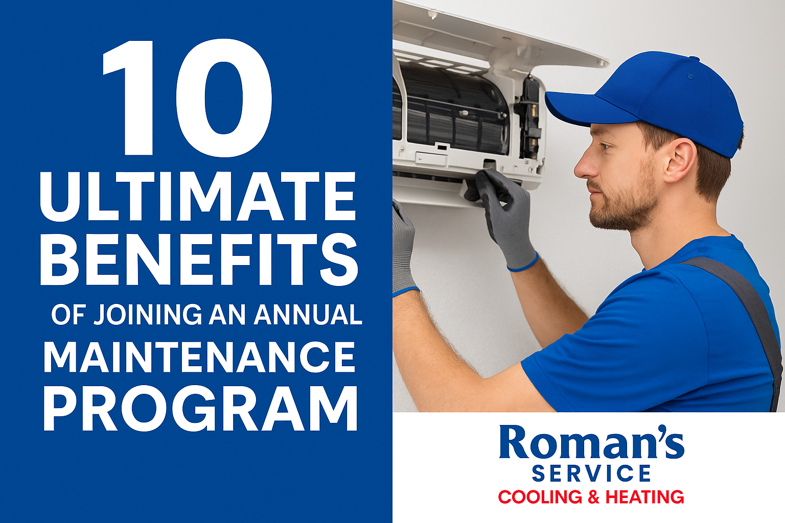 HVAC technician performing maintenance on an indoor air conditioning unit, representing Roman’s Serv