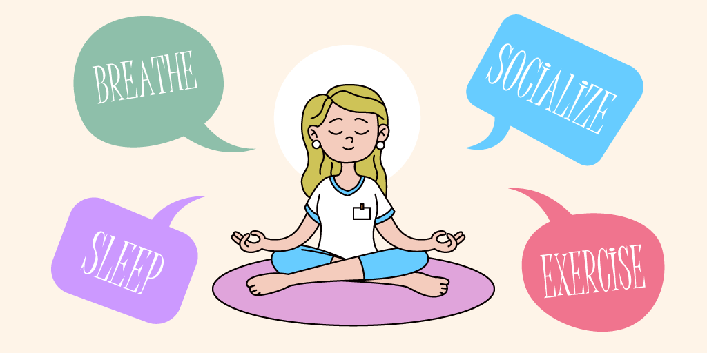 Woman meditating on a mat, surrounded by speech bubbles reading breathe, sleep, socialize, and exercise