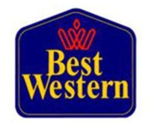 Best Western logo in yellow text on a blue sign with a red crown icon