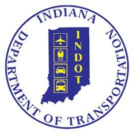 Indiana Department of Transportation logo with blue circle and Indiana map icon