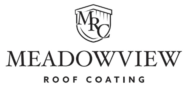 Meadowview Roof Coating logo with black and white text and a stylized house emblem
