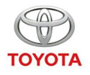 Toyota logo with silver emblem above red “TOYOTA” text on a white background