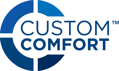 Blue and white Custom Comfort logo: a stylized 
