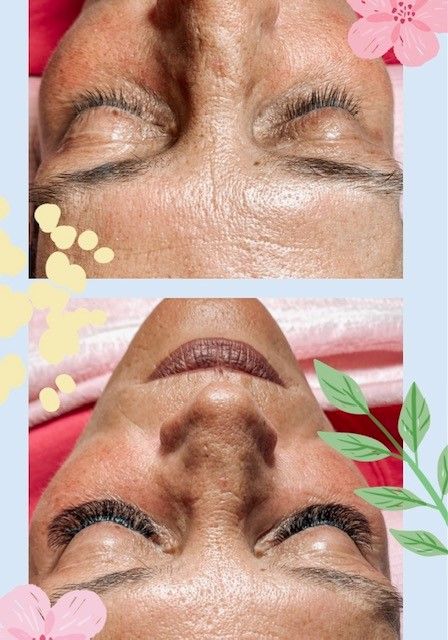 before and after photos of lash extension with floral border