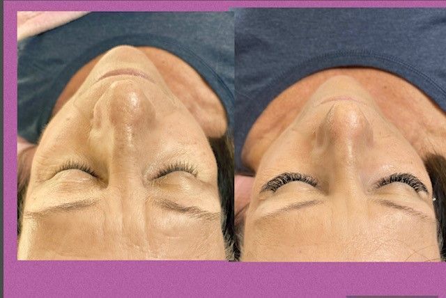 before and after photos of lash extension with purple border