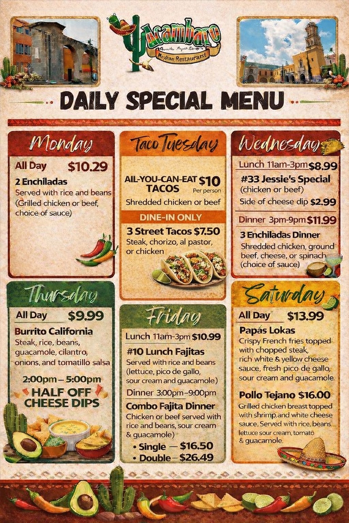 Daily special menu board with six colorful lunch specials and side dishes handwritten in Spanish-neutral style