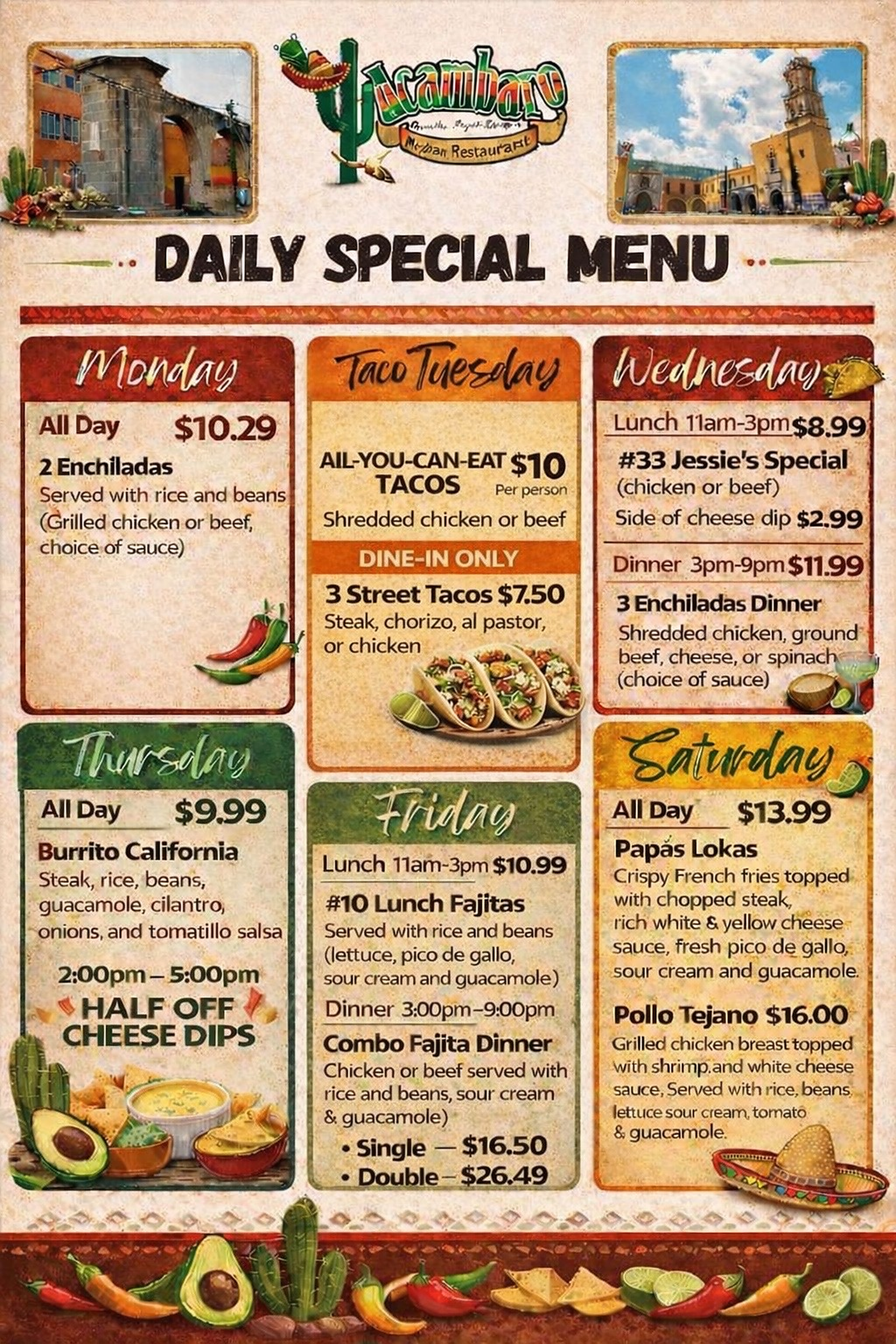 Daily special menu board with six colorful lunch specials and side dishes handwritten in Spanish-neutral style