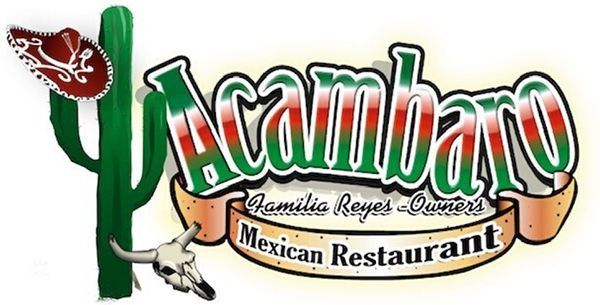 Acambaro Mexican Restaurant logo with cactus, sombrero, and hanging guitar-shaped sign