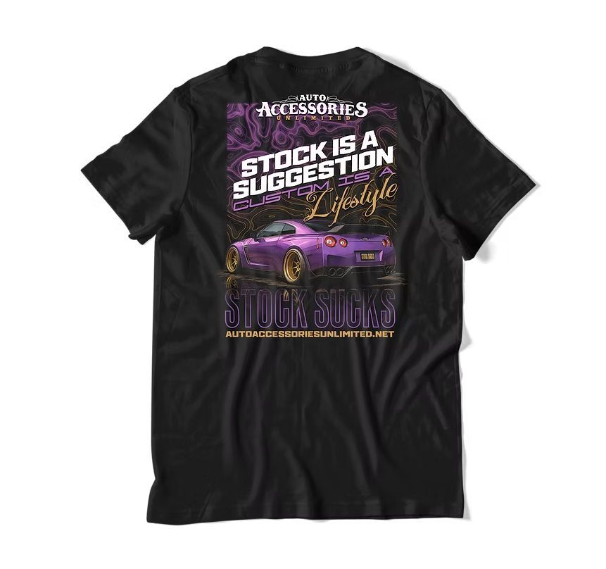 Black graphic T-shirt with purple and white text and a purple car design on the back