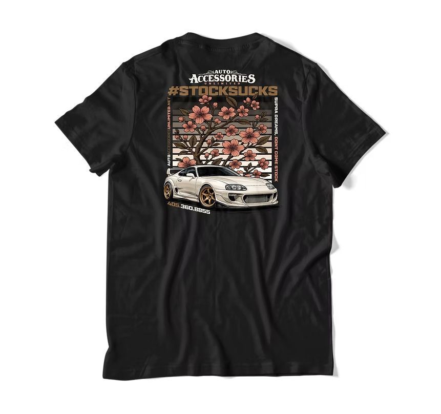 Black T-shirt with a vintage car graphic and text on the back