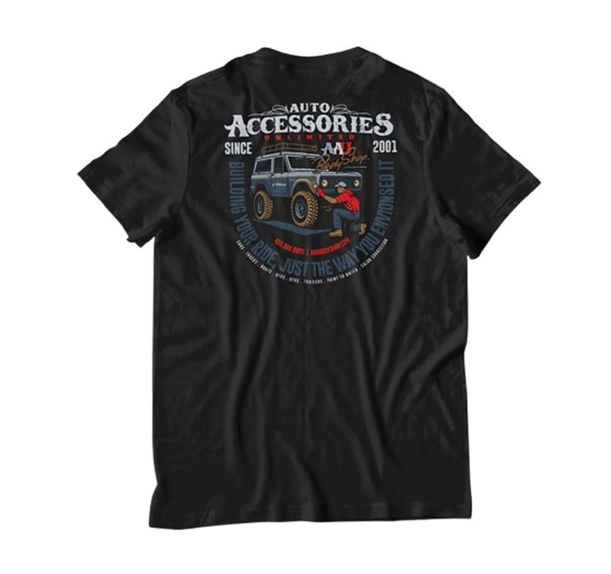 Black T-shirt with a vintage off-road truck and Auto Accessories graphic printed on the front.