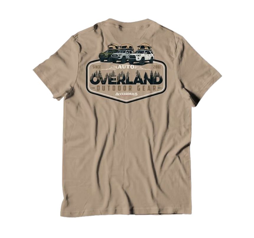 Tan short-sleeve T-shirt with Overland Outdoors & Gear logo and off-road vehicles graphic