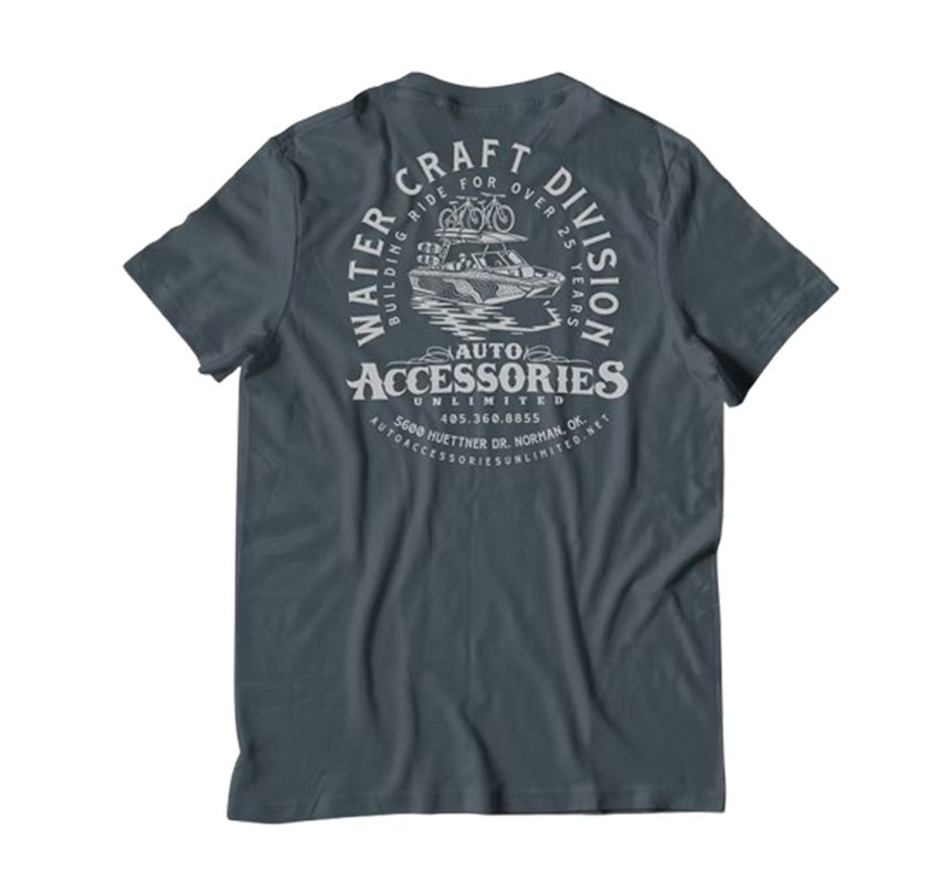 Charcoal gray T-shirt with white watercraft division accessories graphic on the back