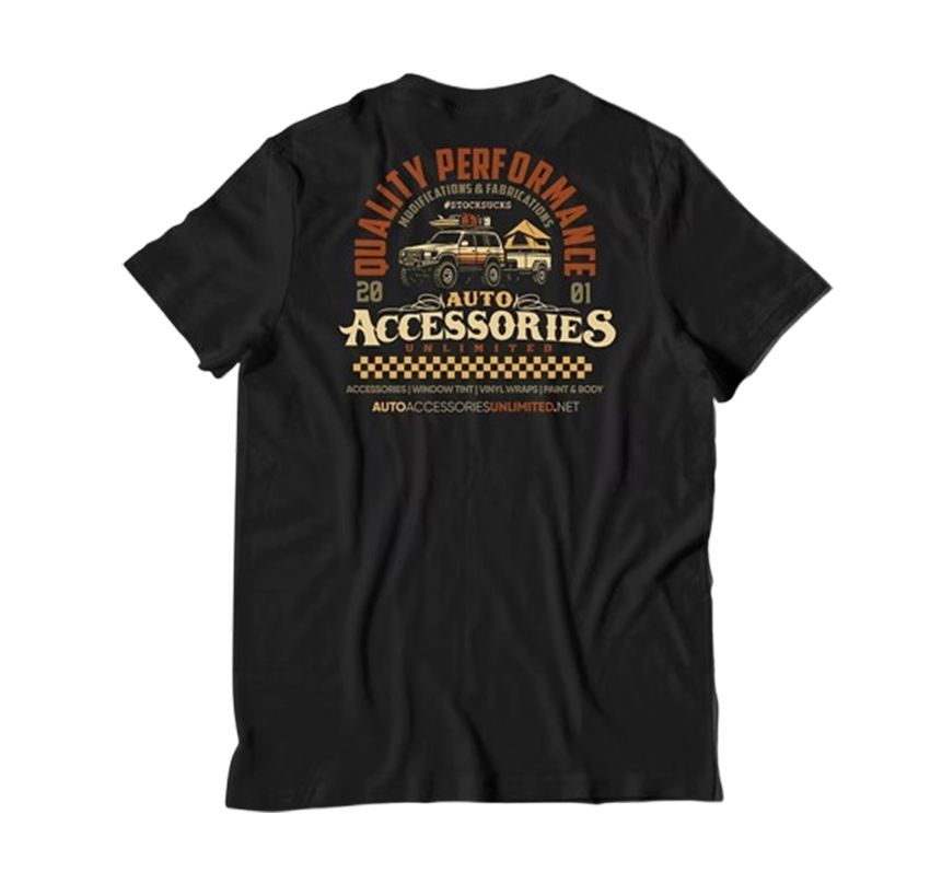 Black T-shirt with orange and white auto accessories graphic text on the back