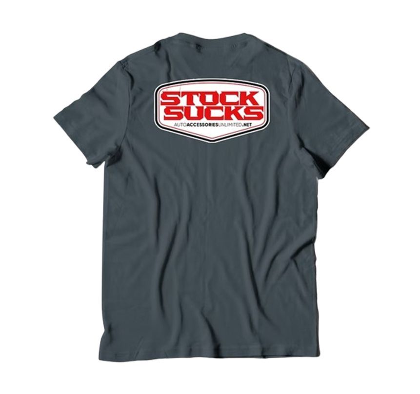 Dark gray T-shirt with a red and white STOCK SUCKS graphic on the back