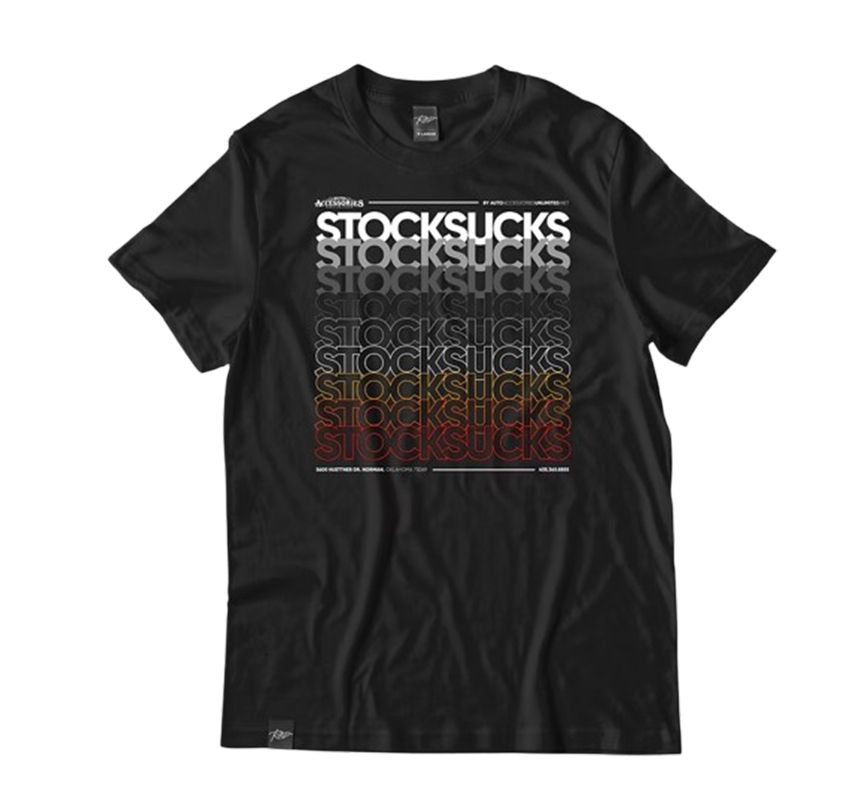 Black T-shirt with repeating white STOCKSUCKS text and red accents on the front