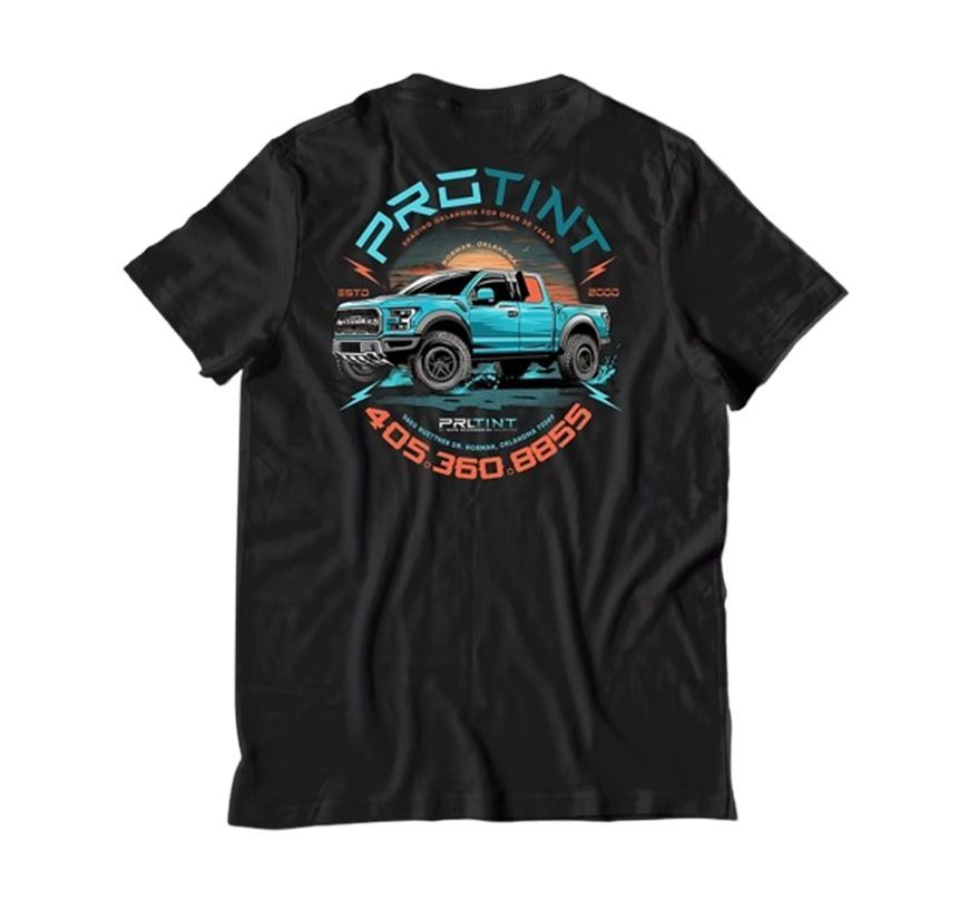 Black T-shirt with a turquoise vintage car graphic and curved PROTINT text in orange and blue