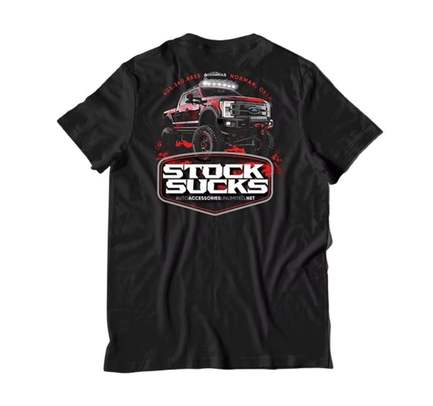 Black T-shirt with a red car graphic and bold white STOCK SUCKS text on the front