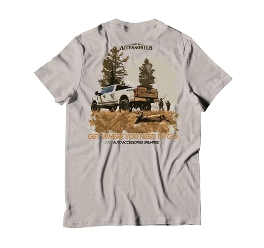 Beige graphic T-shirt with off-road truck and forest design on the back