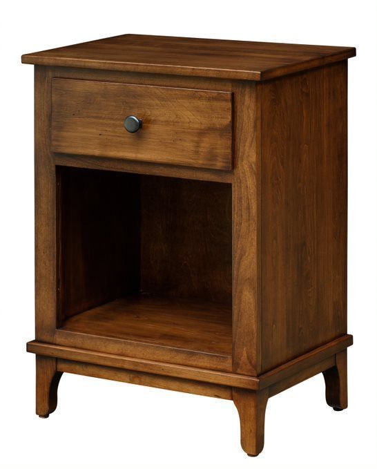 A small wooden nightstand with a drawer and a shelf