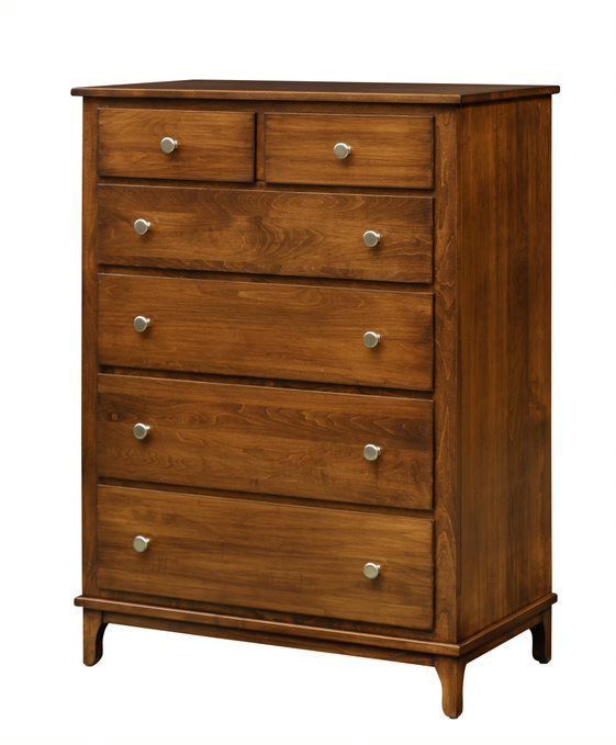 A wooden chest of drawers with five drawers on a white background