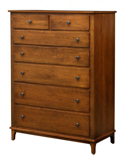 A wooden chest of drawers with six drawers on a white background