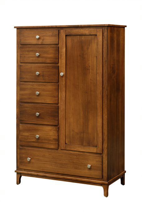 A wooden dresser with drawers and a door on a white background
