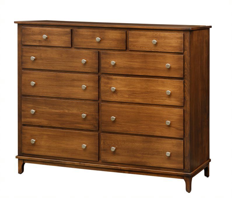 A wooden dresser with lots of drawers on a white background