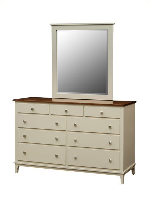 A white dresser with a mirror on top of it