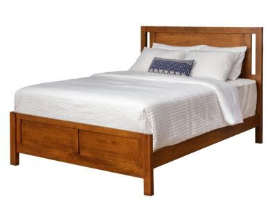 A wooden bed frame with white sheets and pillows on a white background.