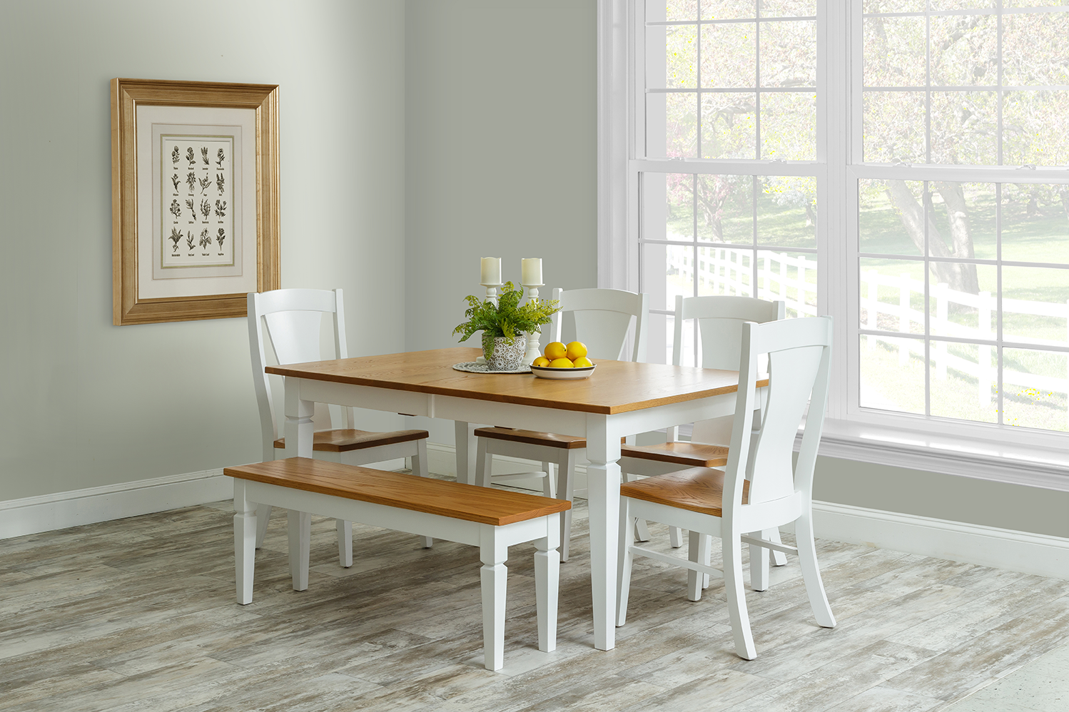A dining room with a table and chairs and a bench.