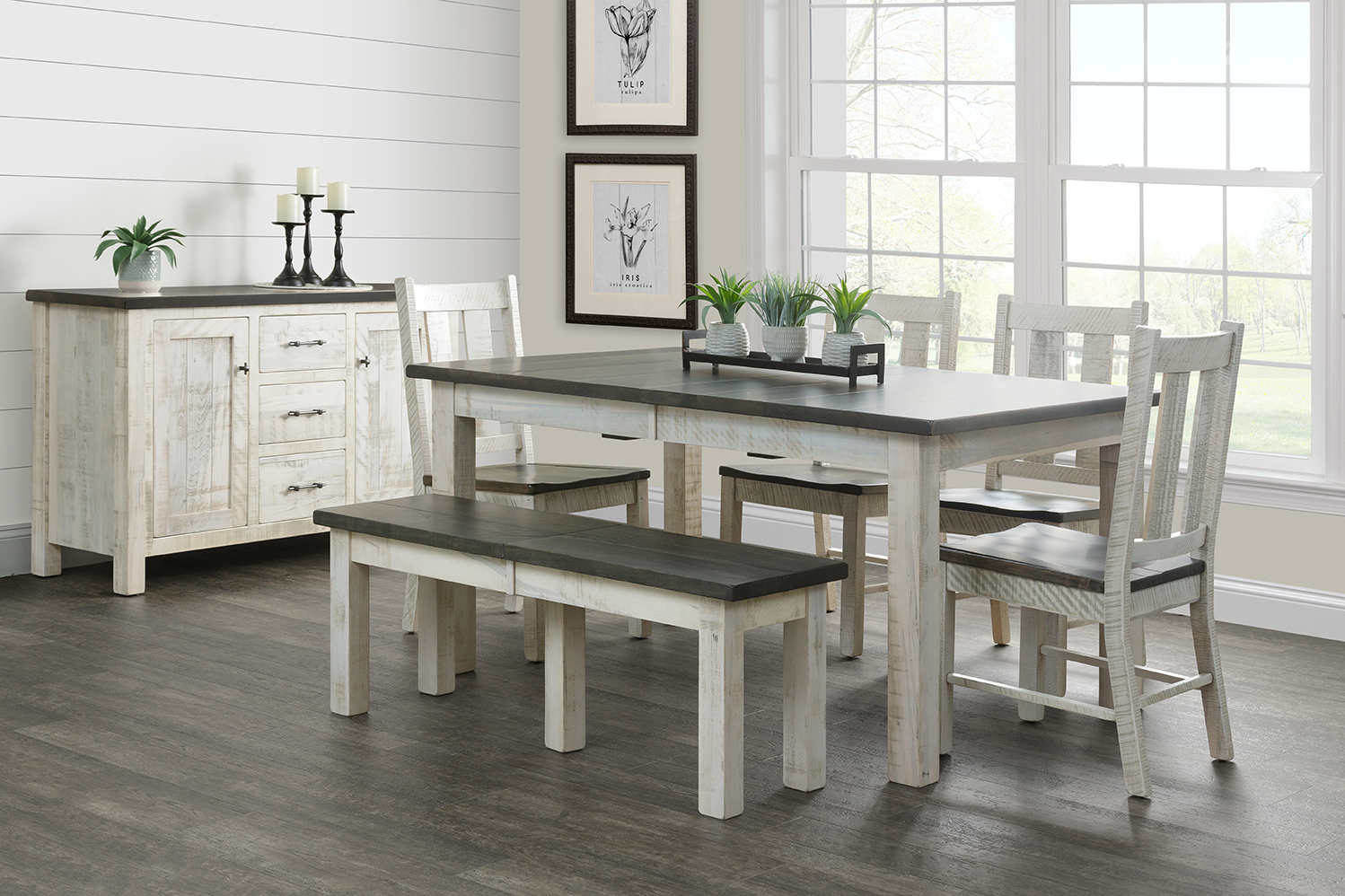 A dining room with a table , chairs , and a bench.