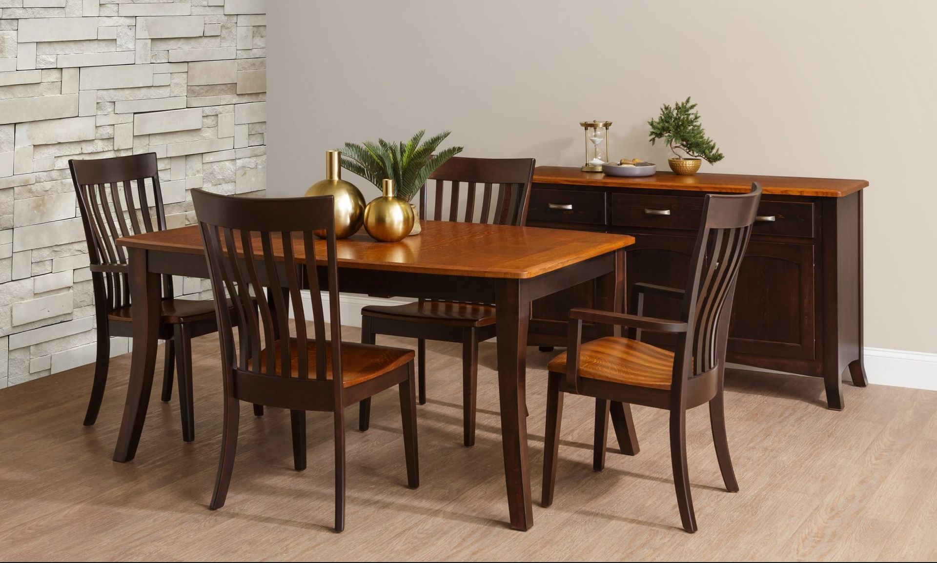 A dining room with a table and chairs and a dresser