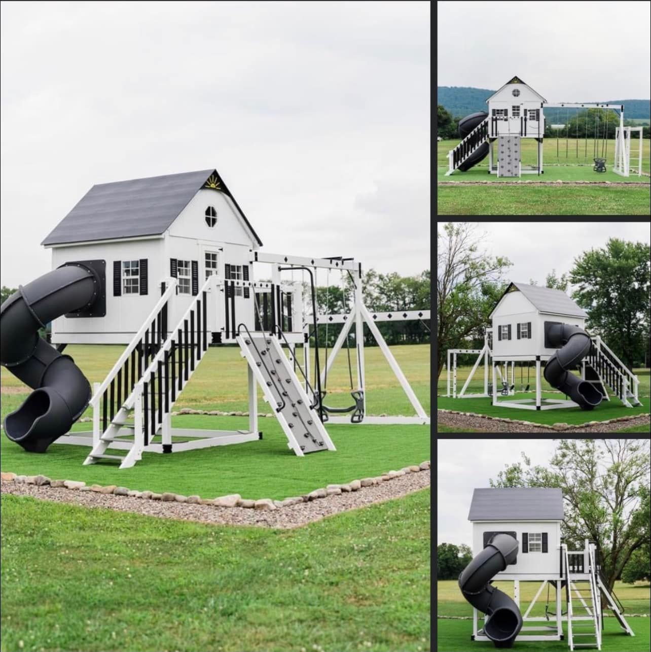 A white house with a black slide attached to it