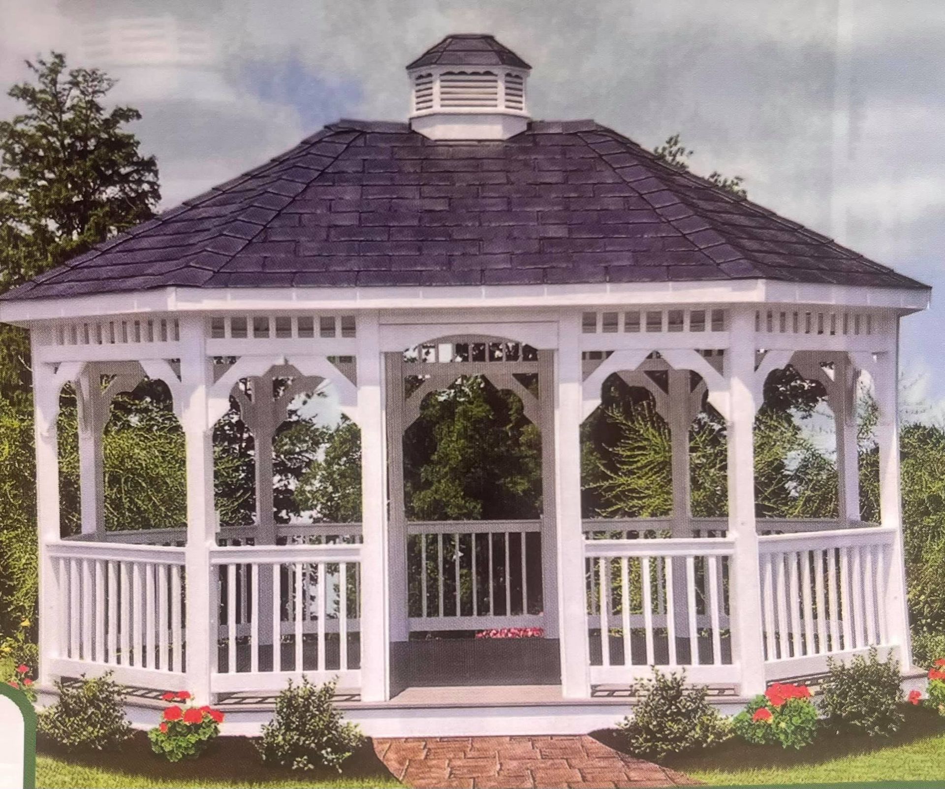 A picture of a white gazebo with a purple roof
