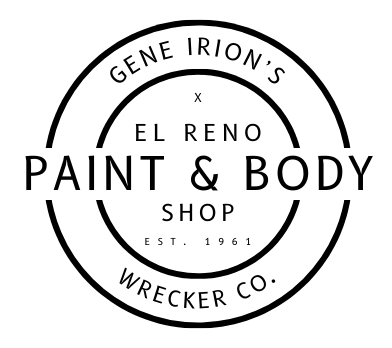 Gene Irion&rsquo;s El Reno Paint & Body Shop Wrecker Co. circular black-and-white logo