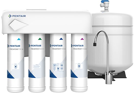 A Pentair water filter with four cartridges and a faucet.