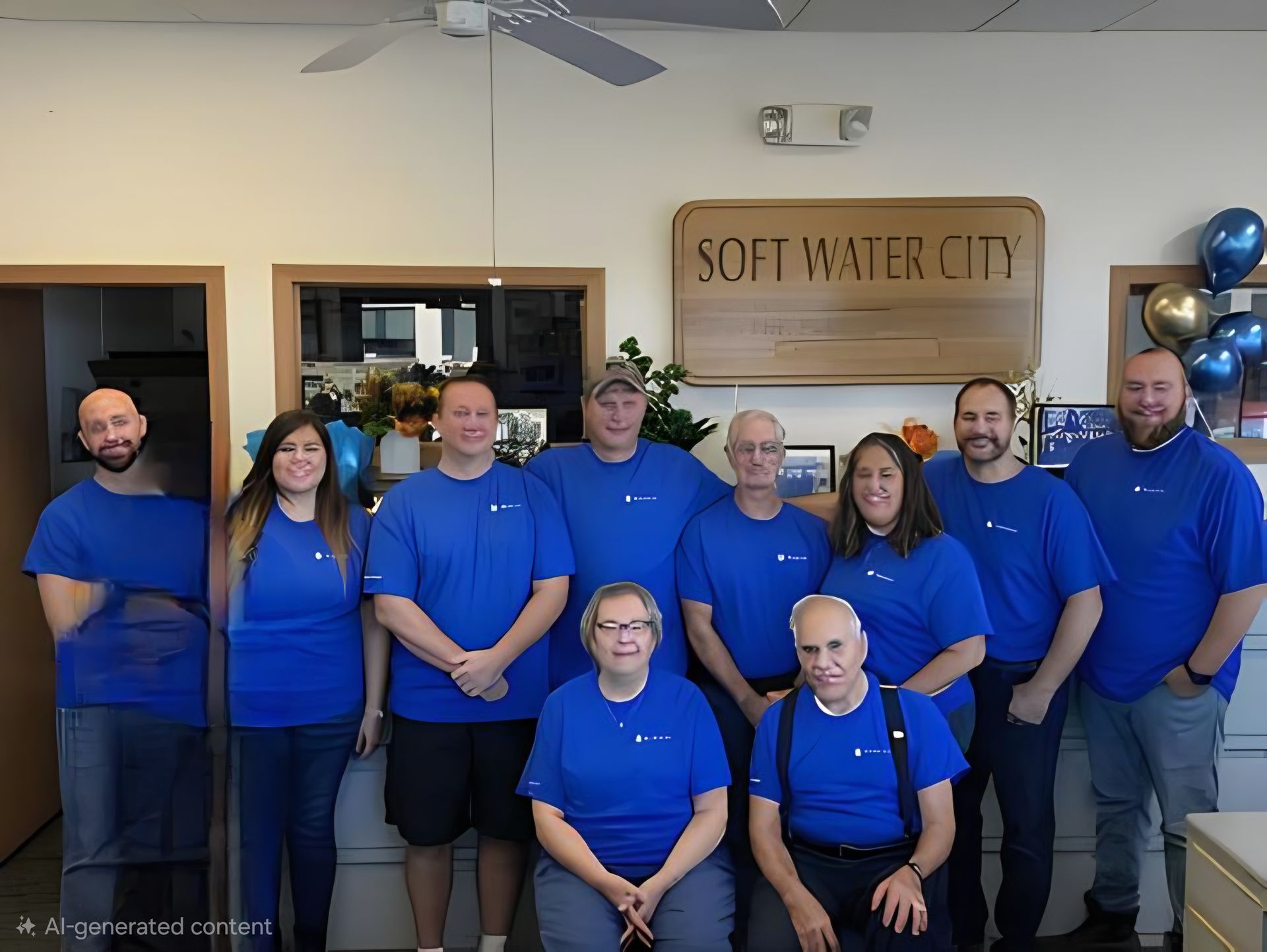 Group of people in blue shirts posing in front of a Soft Water City sign.