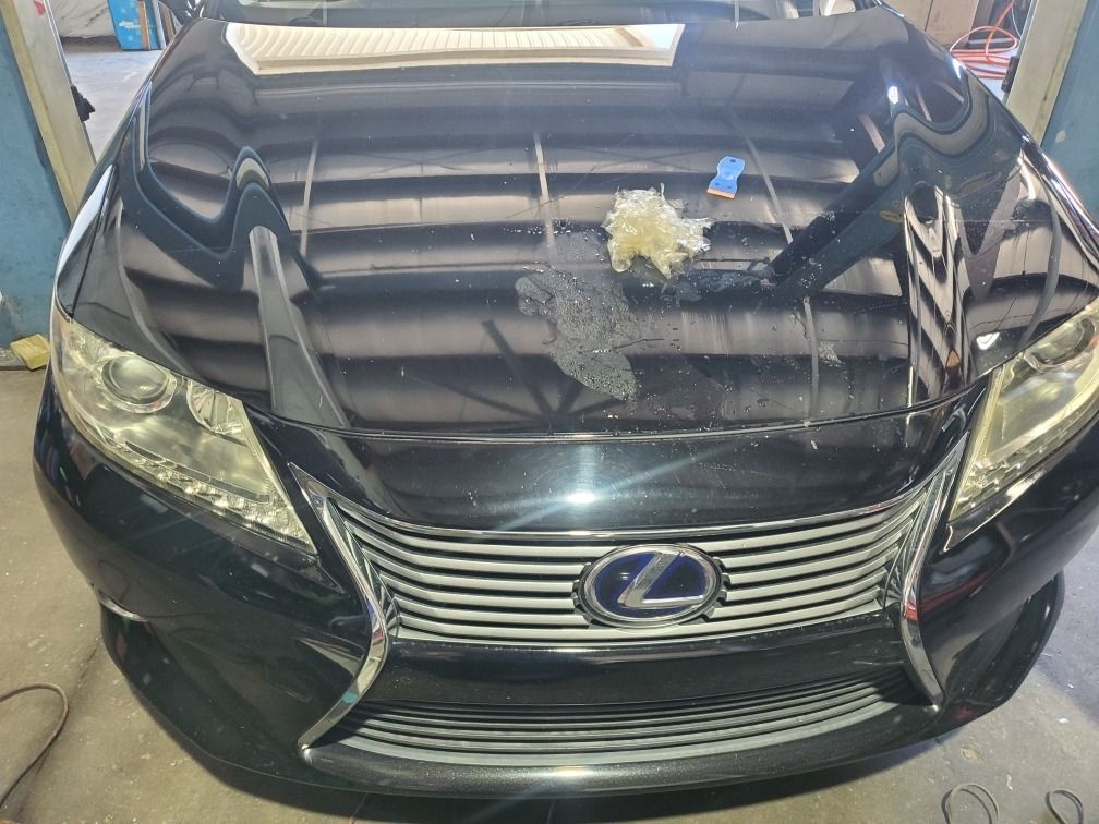 Front view of a black Lexus sedan with a damaged hood and debris on the windshield.