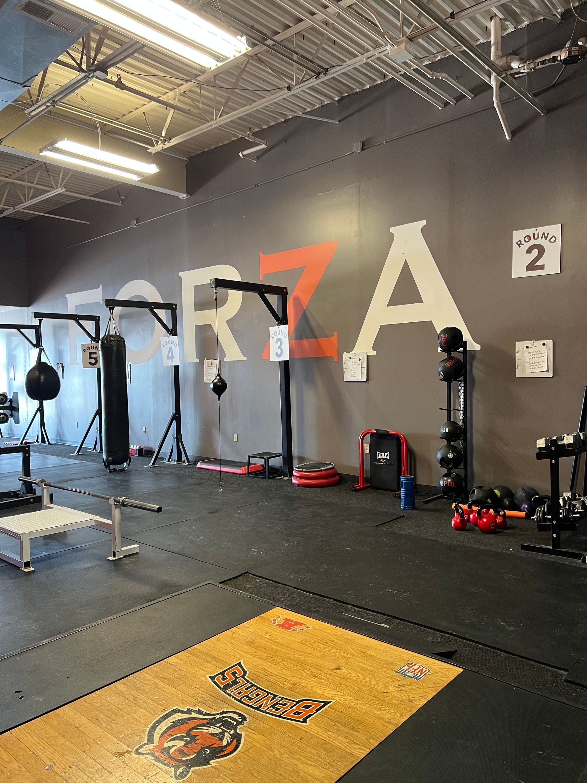 Interior view of a gym with weightlifting equipment, the word FORZA on the wall.