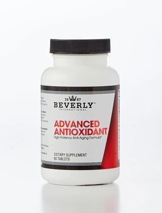 White bottle of Beverly International Advanced Antioxidant dietary supplement.