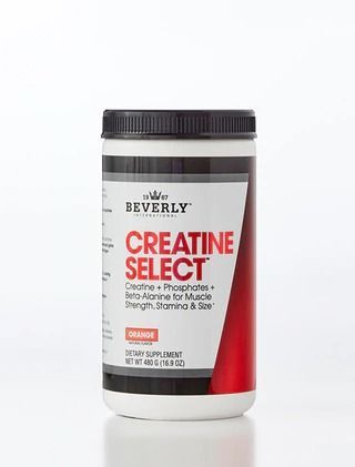 Container of Beverly Creatine Select supplement, white label with red accents, orange flavor.