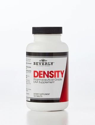White bottle of Beverly International Density supplement. Red and black label. Black cap.