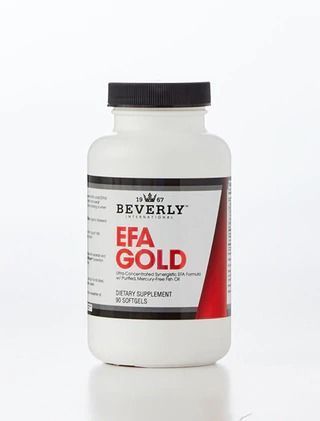 White bottle of Beverly EFA Gold dietary supplement with black lid and red accents.