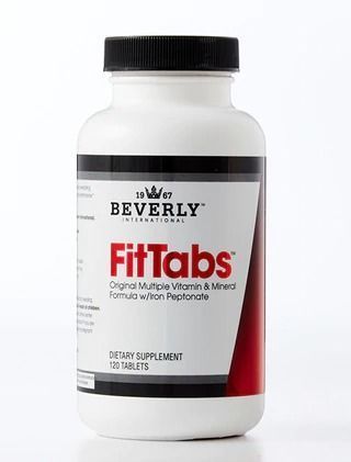 White bottle of Beverly International FitTabs dietary supplement with a black cap and red accent.