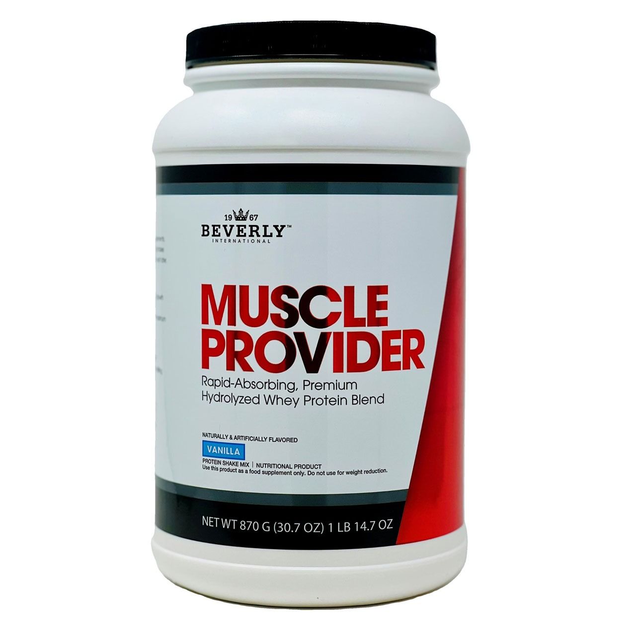 White container of Beverly International Muscle Provider whey protein powder.