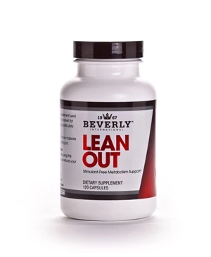 White bottle of Beverly International Lean Out dietary supplement with black and red labeling.